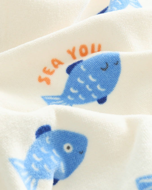 Blue Fish Bath Towel for children, detail view, available from Melly's World in Lebanon