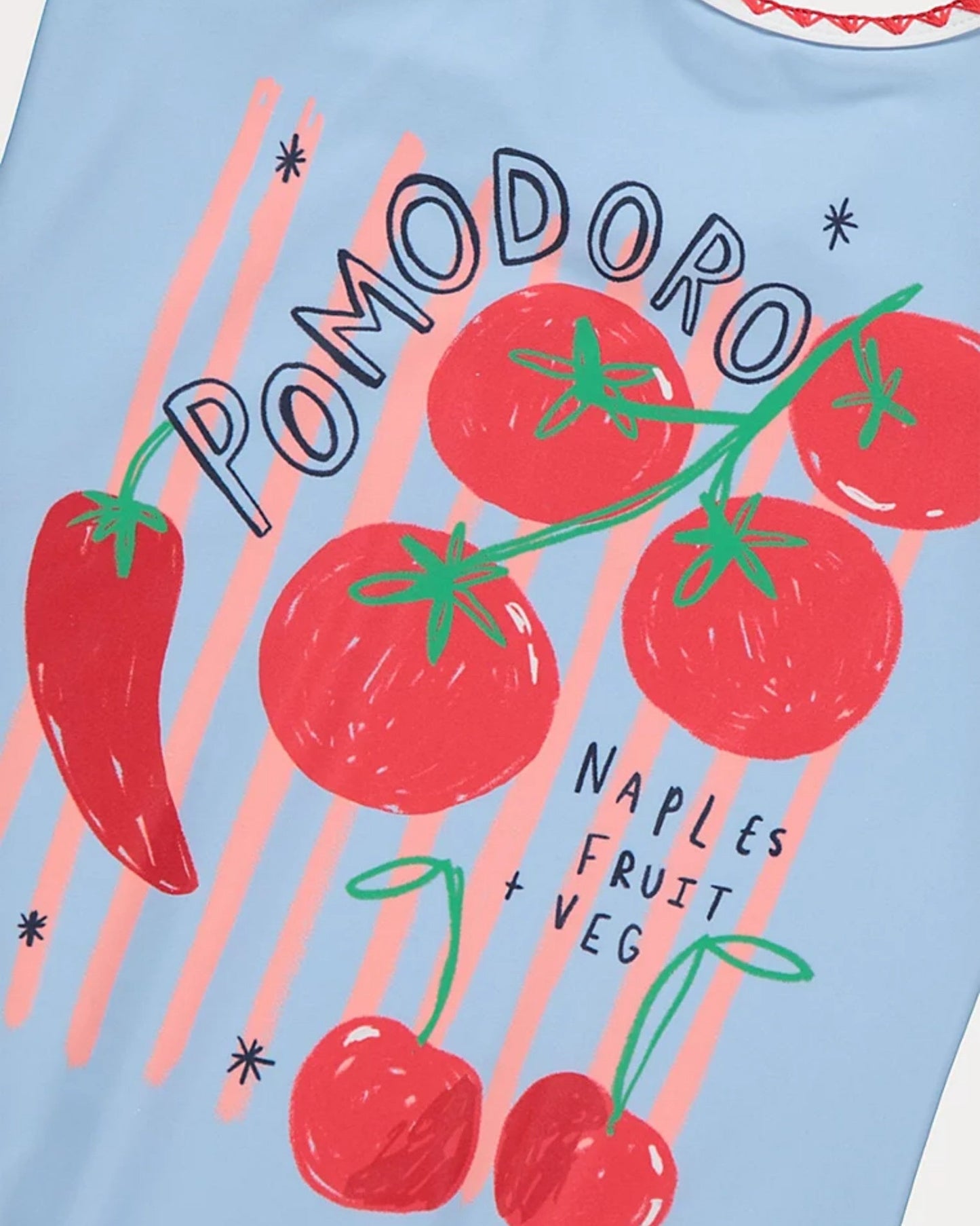 Blue Pomodoro Tomato Swimsuit for children, available from Melly's World in Lebanon