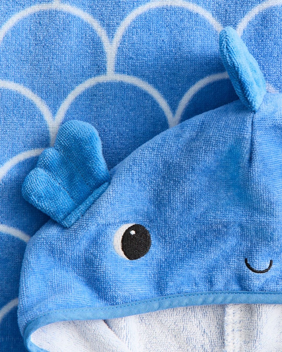 Blue Fish Towel Cape for children, close-up, available from Melly's World in Lebanon