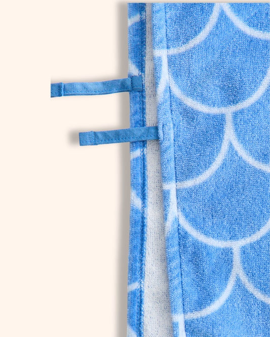 Blue Fish Towel Cape for children, detail view, available from Melly's World in Lebanon