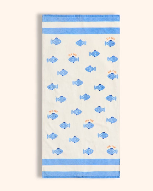 Blue Fish Bath Towel for children, available from Melly's World in Lebanon