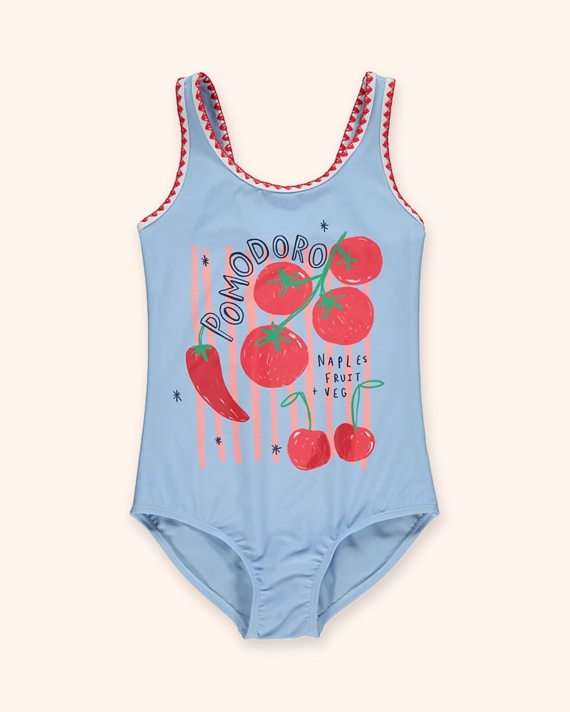Blue Pomodoro Tomato Swimsuit for children, available from Melly's World in Lebanon