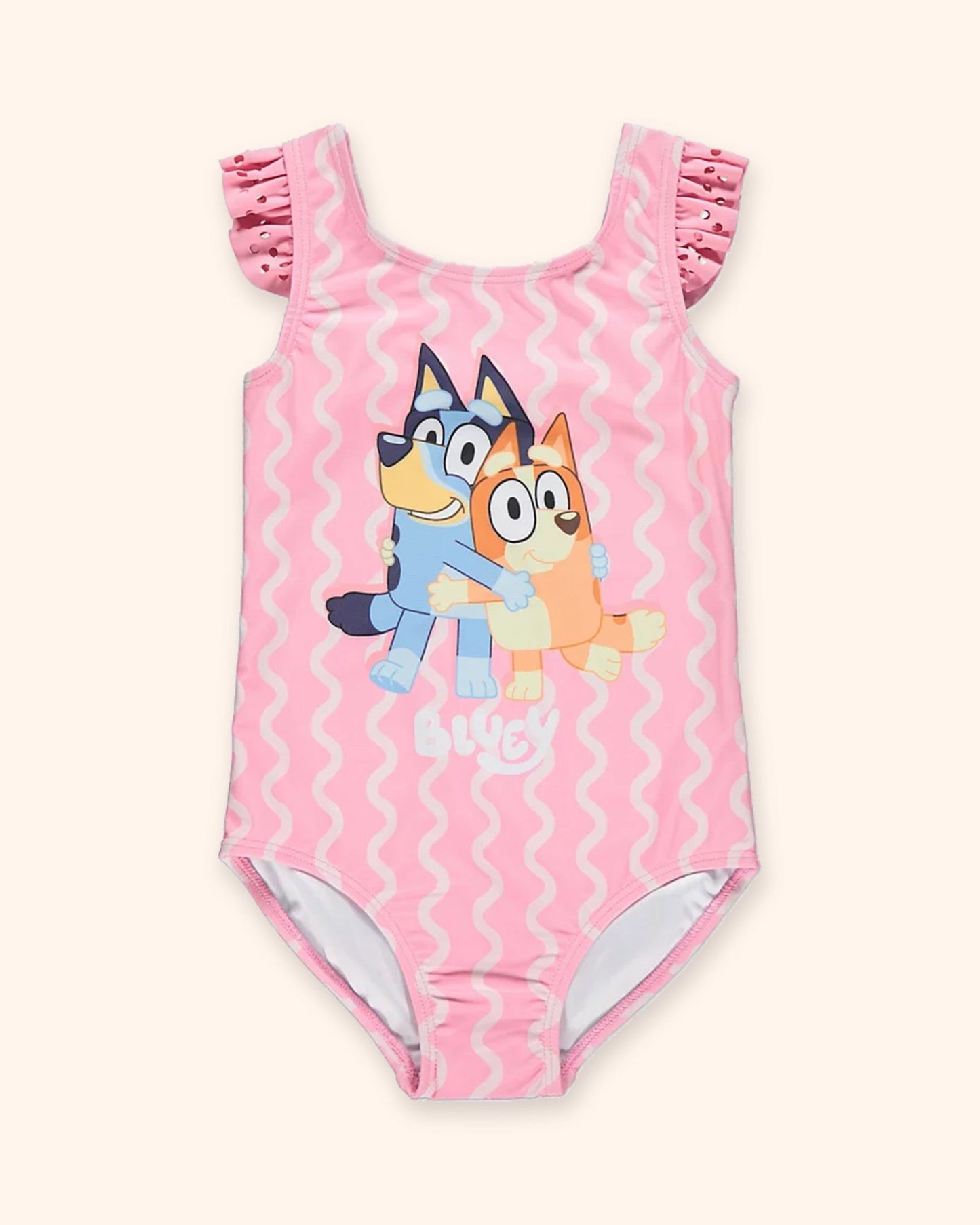 Bluey Pink Frill Sleeve Swimsuit for children, available from Melly's World in Lebanon