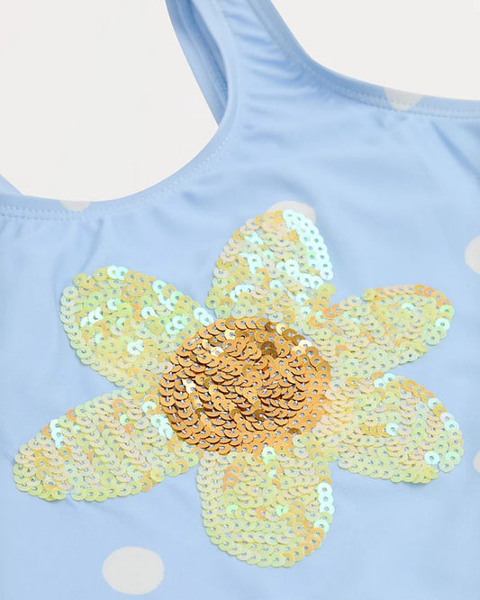 Light Blue Sequin Sunflower Swimsuit for children, available from Melly's World in Lebanon