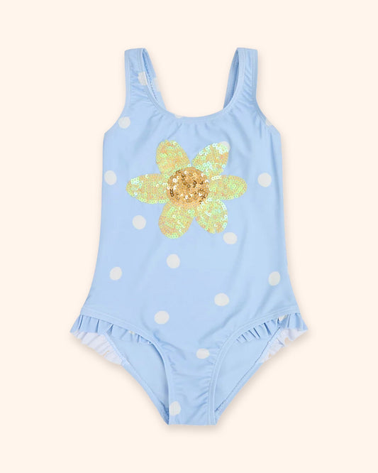 Light Blue Sequin Sunflower Swimsuit for children, available from Melly's World in Lebanon