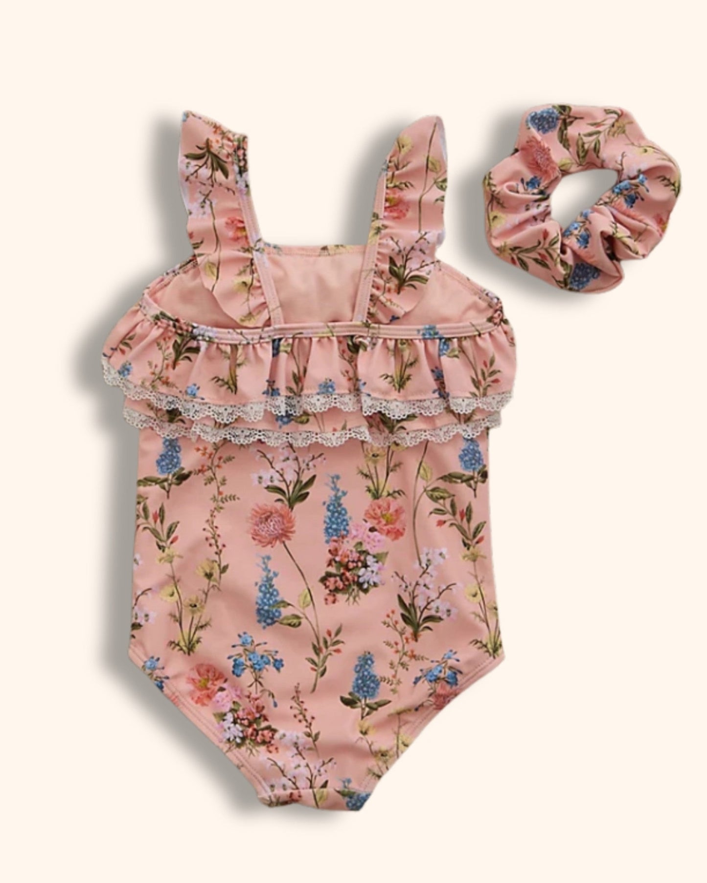 Little Edit Peach Floral Swimsuit and Scrunchie Set for children, available from Melly's World in Lebanon