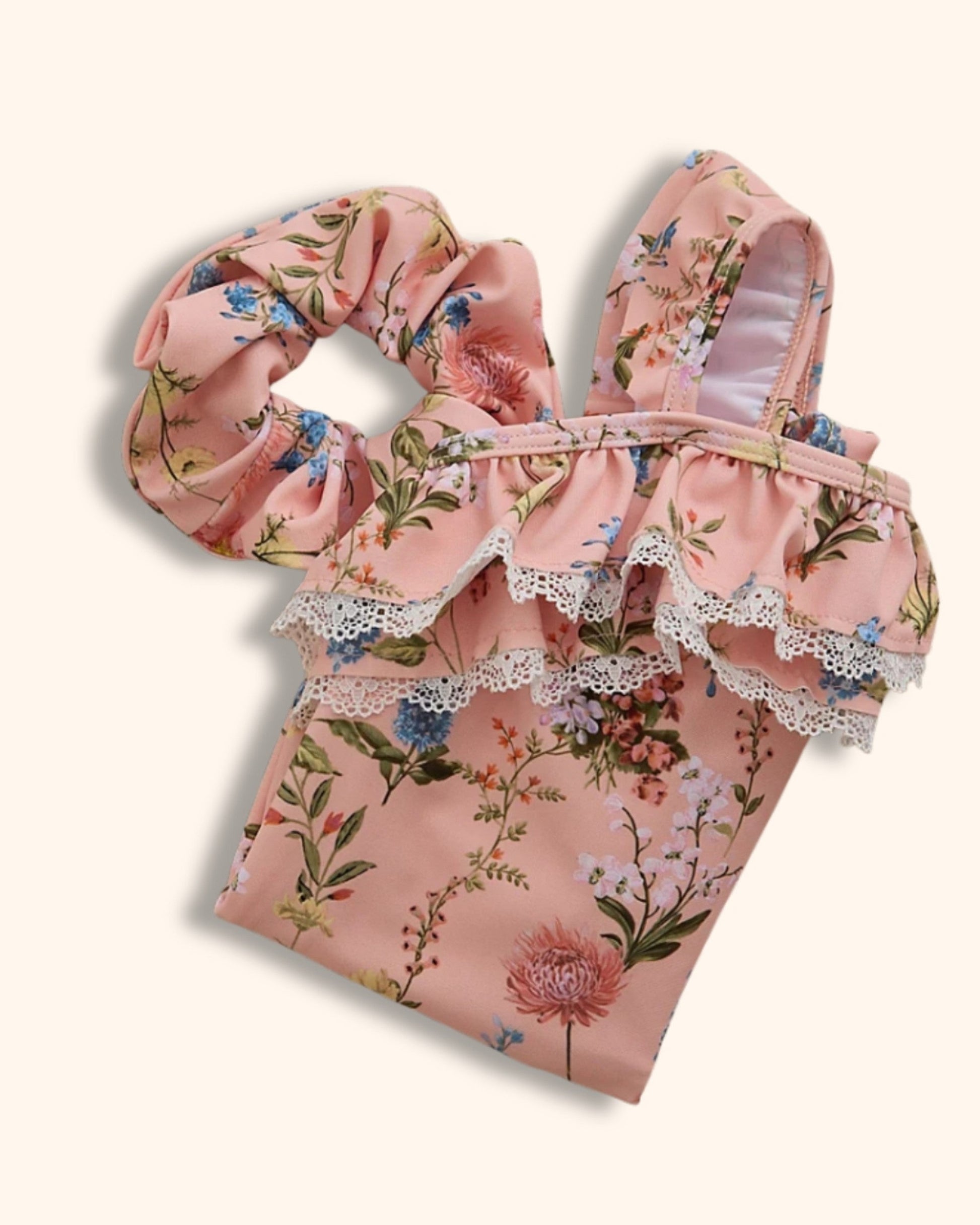 Little Edit Peach Floral Swimsuit and Scrunchie Set for children, available from Melly's World in Lebanon