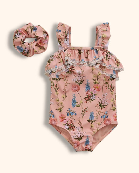 Little Edit Peach Floral Swimsuit and Scrunchie Set for children, available from Melly's World in Lebanon