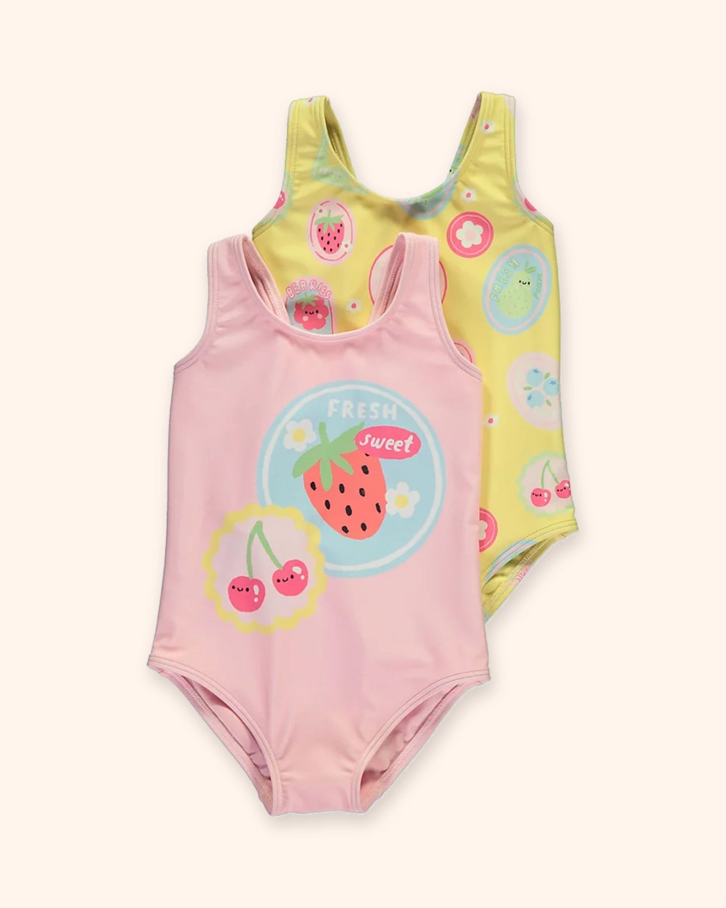 Pink Strawberry Cherry Fruit Swimsuits 2 Pack for children, available from Melly's World in Lebanon